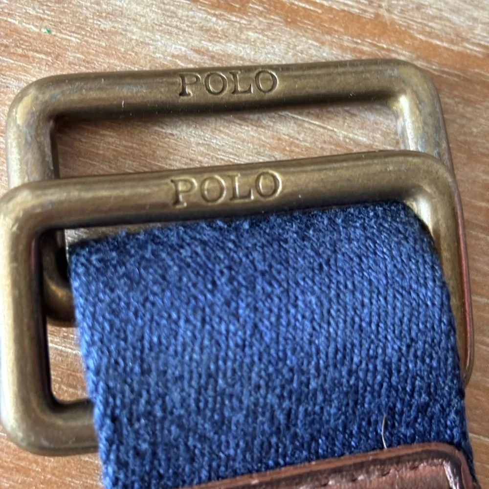 Polo Ralph‎ Lauren Blue Canvas Leather Accent Belt Pony Brass DRing Buckle M